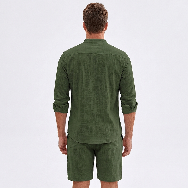 Men's Linen Two-Piece Set Long Sleeve Shirt Shorts Casual