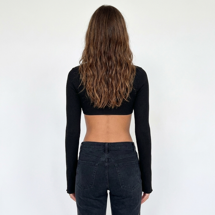 Women's Mesh Long Sleeve Cropped Top with Tie Front Keyhole
