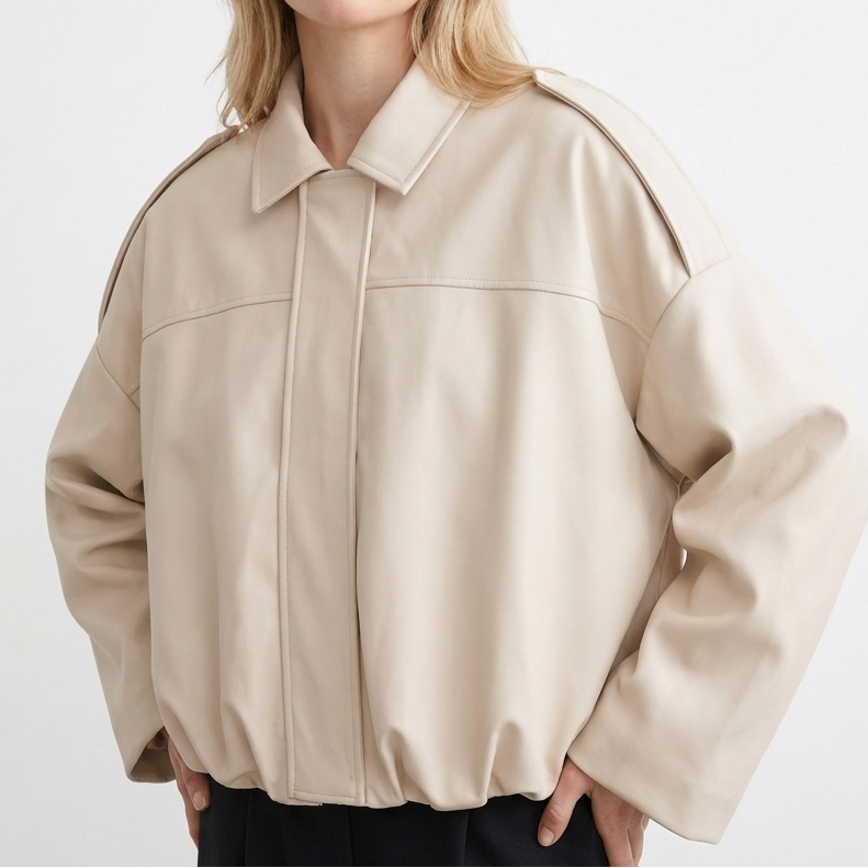 Women's Oversized Bomber Jacket Balloon Sleeve Cropped Zip-Up
