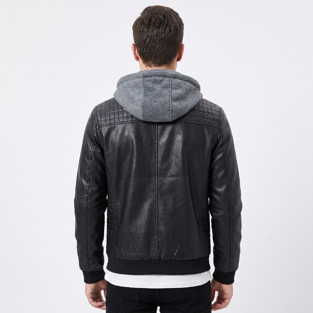 Men's Leather Jacket Removable Hood Zip-Up Moto