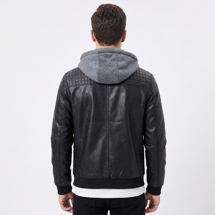 Men's Leather Jacket Removable Hood Zip-Up Moto