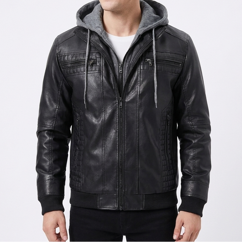 Men's Leather Jacket Removable Hood Zip-Up Moto