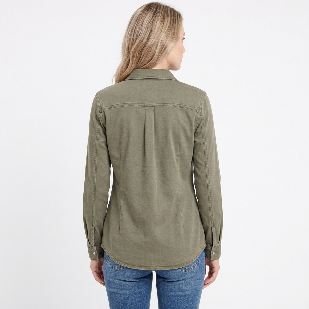 Women's Snap Button Shirt Twill Utility Long Sleeve Blouse