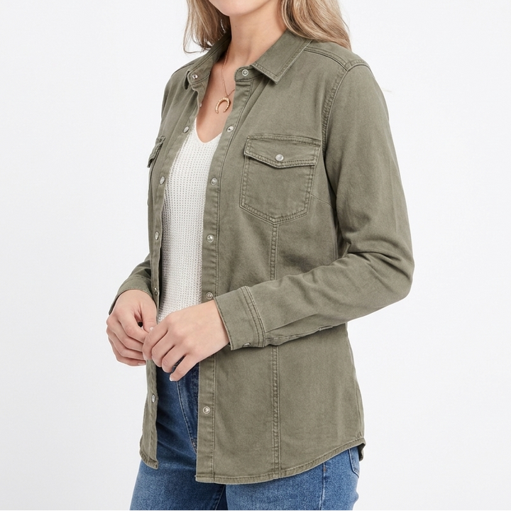 Women's Snap Button Shirt Twill Utility Long Sleeve Blouse