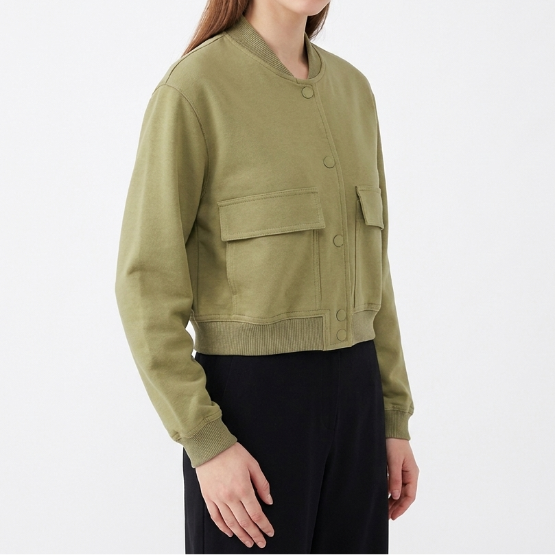 Women's Cropped Bomber Jacket Button Front Cargo Pocket Ribbed Trim