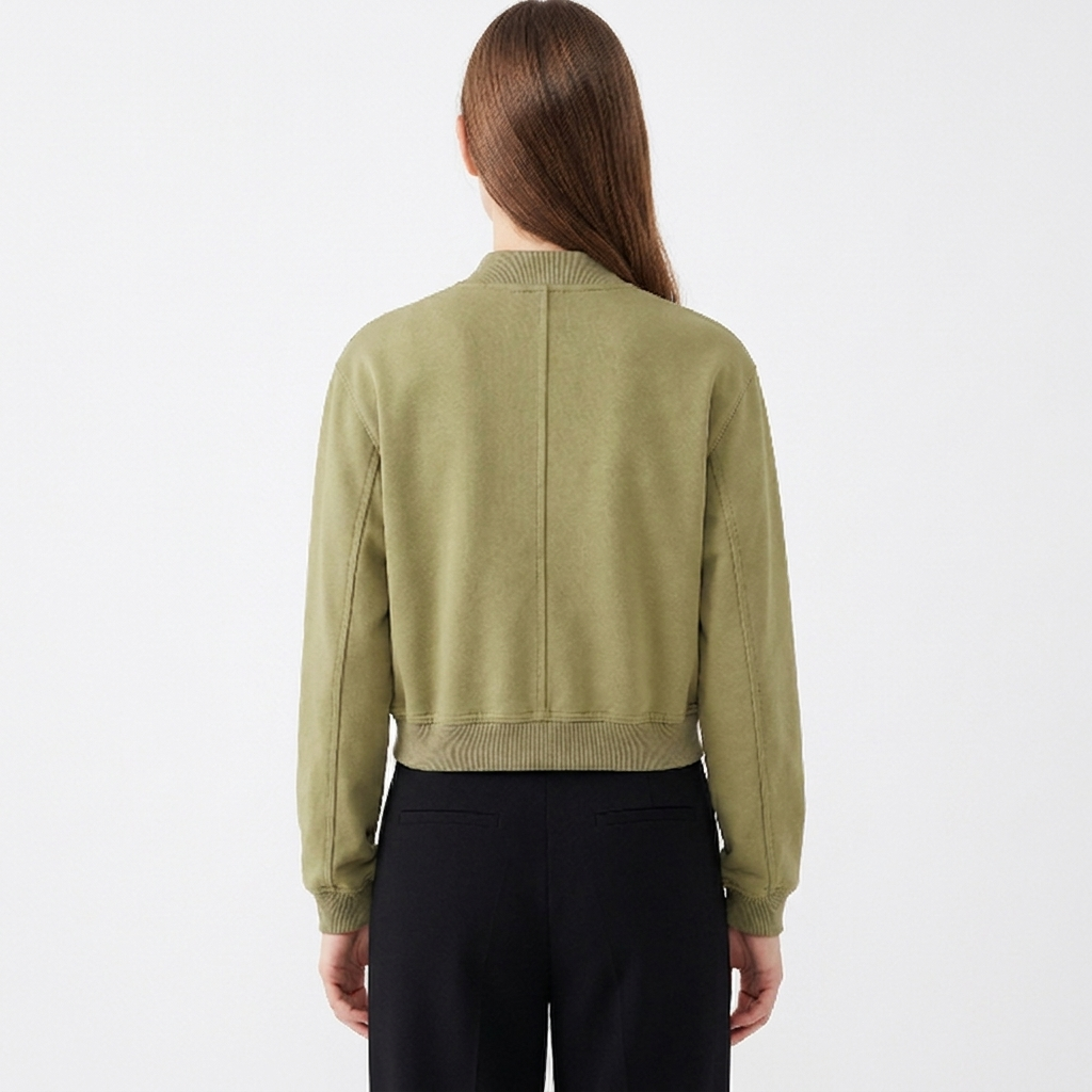 Women's Cropped Bomber Jacket Button Front Cargo Pocket Ribbed Trim