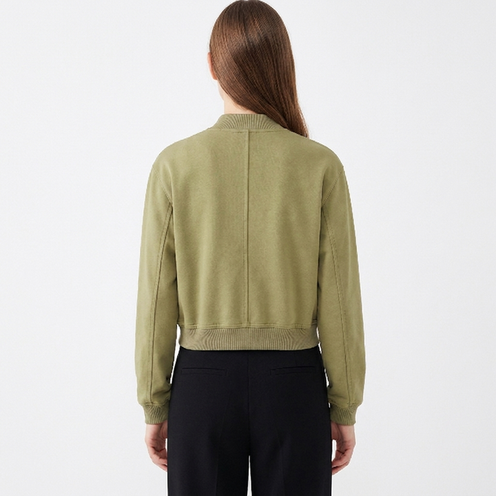 Women's Cropped Bomber Jacket Button Front Cargo Pocket Ribbed Trim