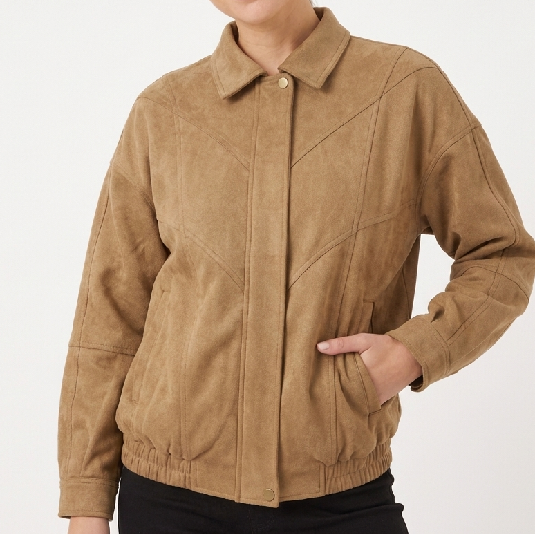 Women's Faux Suede Oversized Bomber Jacket Snap Button Panelled Casual