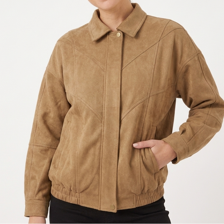 Women's Faux Suede Oversized Bomber Jacket Snap Button Panelled Casual