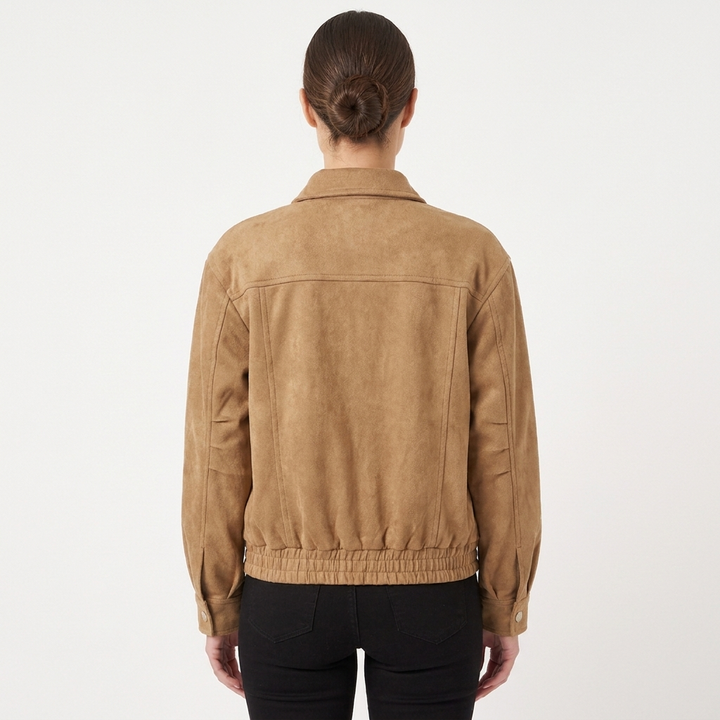 Women's Faux Suede Oversized Bomber Jacket Snap Button Panelled Casual