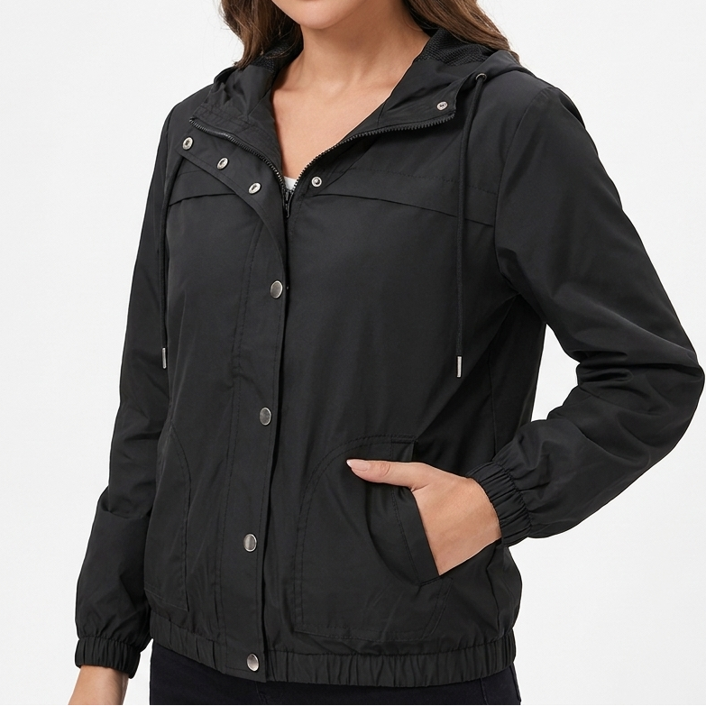 Women's Snap Button Windbreaker Jacket Stand Collar Zip Up Casual