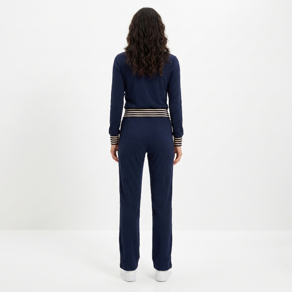Women's Ribbed Zip Up Jumpsuit Wide Leg Contrast Stripe Long Sleeve