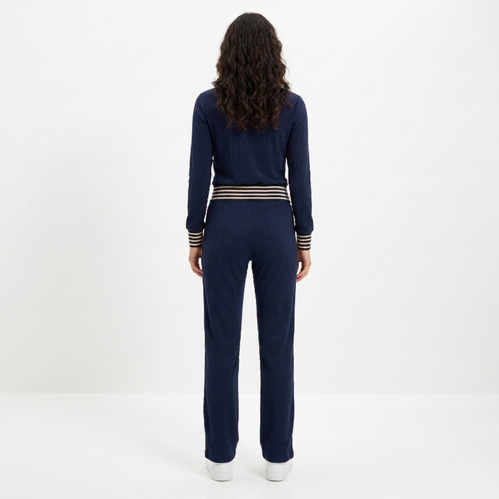 Women's Ribbed Zip Up Jumpsuit Wide Leg Contrast Stripe Long Sleeve