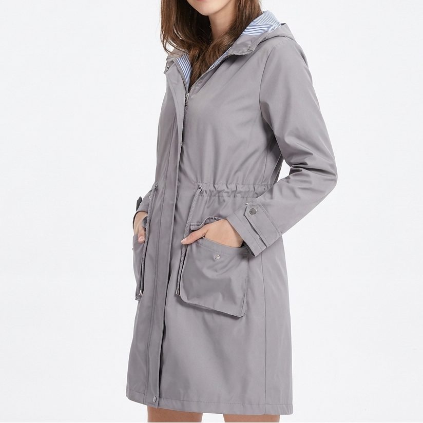 Women's Waterproof Longline Rain Coat Hooded Drawstring Waist Stripe