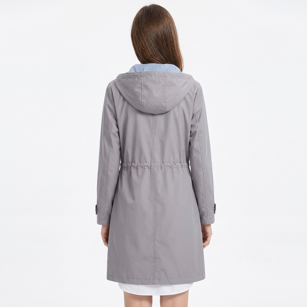 Women's Waterproof Longline Rain Coat Hooded Drawstring Waist Stripe