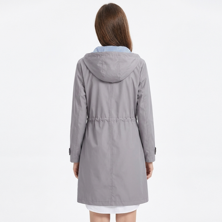 Women's Waterproof Longline Rain Coat Hooded Drawstring Waist Stripe