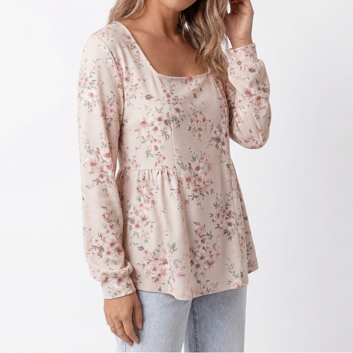 Women's Floral Print Long Sleeve Top Square Neck Peplum Hem Casual