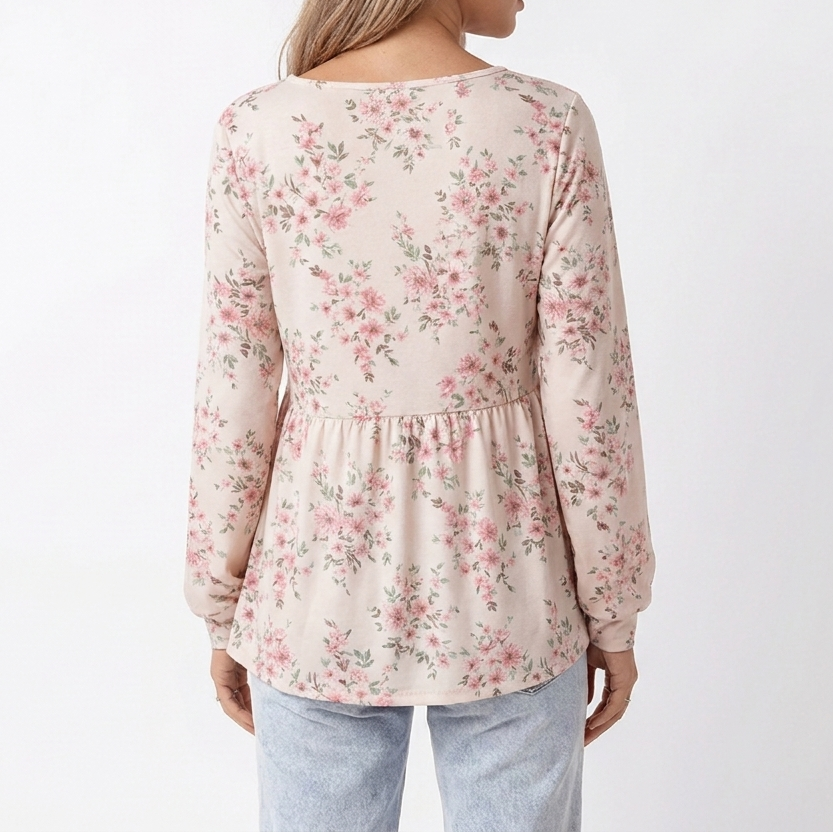 Women's Floral Print Long Sleeve Top Square Neck Peplum Hem Casual