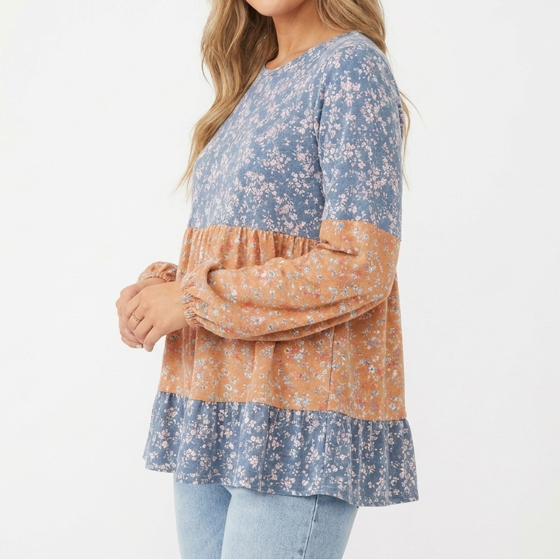 Women's Ditsy Floral Colour Block Babydoll Top Long-Sleeve Patchwork