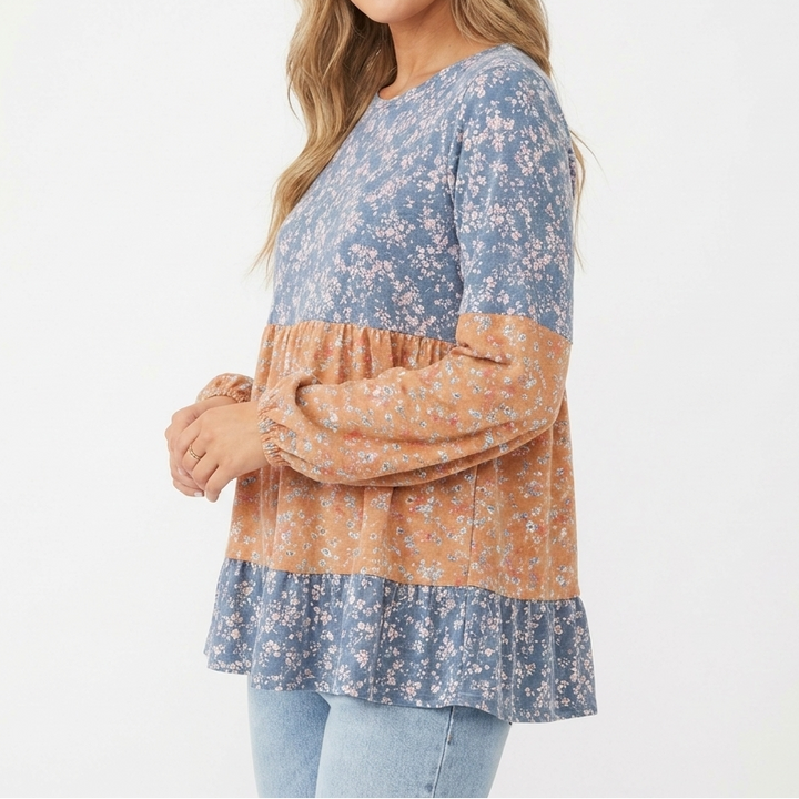 Women's Ditsy Floral Colour Block Babydoll Top Long-Sleeve Patchwork