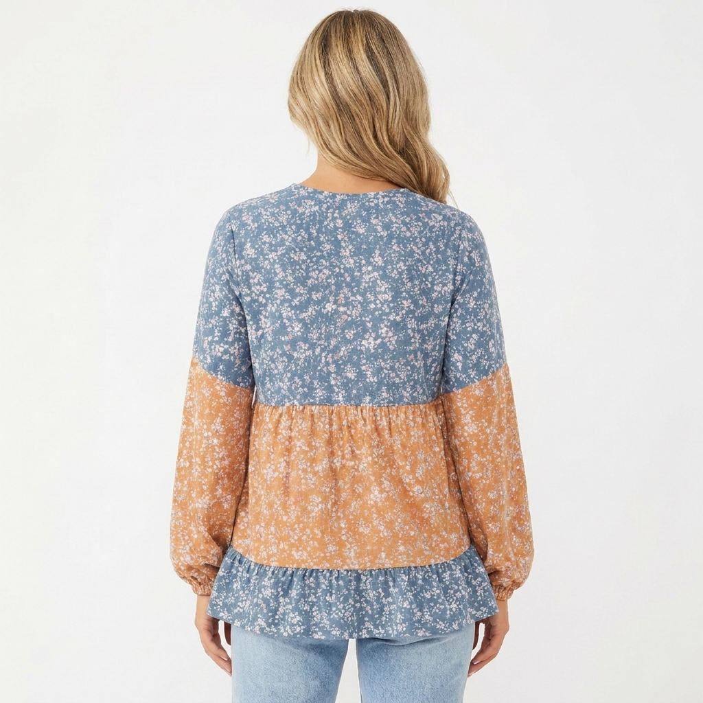 Women's Ditsy Floral Colour Block Babydoll Top Long-Sleeve Patchwork