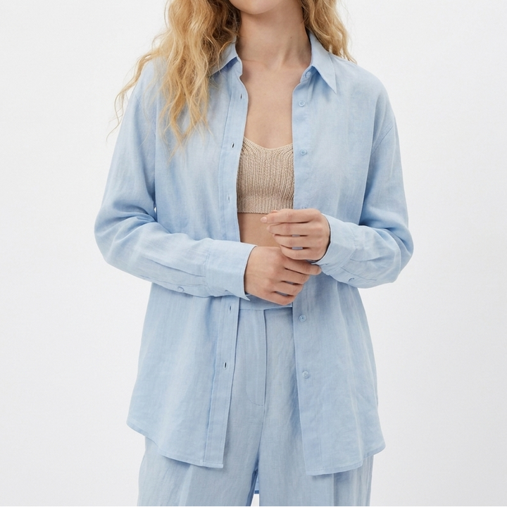 Women's Linen Oversized Shirt and Wide-Leg Pants Set Casual Two-Piece