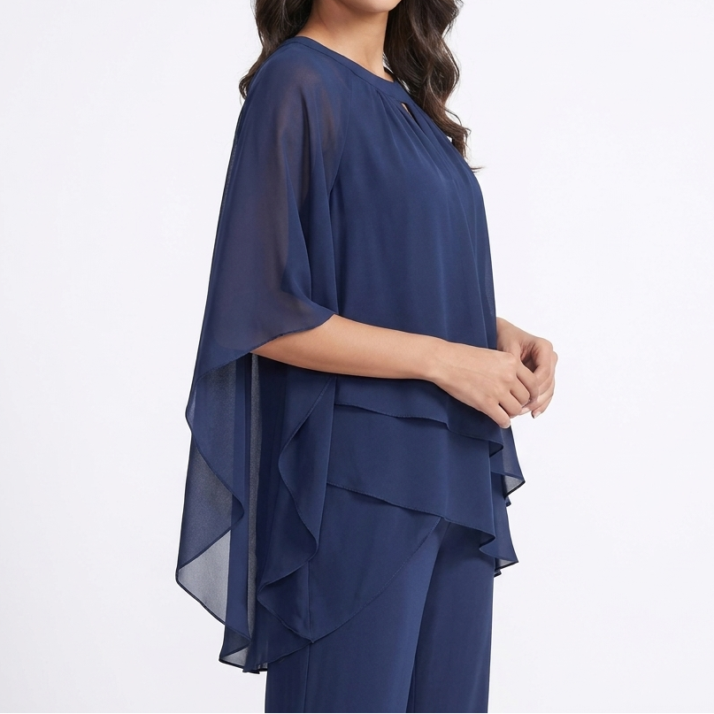 Women's Two Piece Trouser Set Chiffon Cape Top Wide Leg Evening
