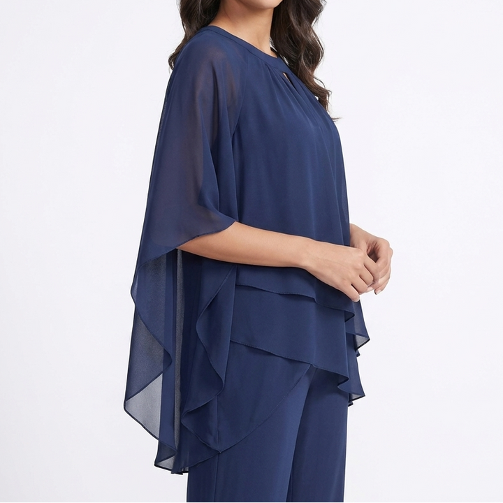 Women's Two Piece Trouser Set Chiffon Cape Top Wide Leg Evening