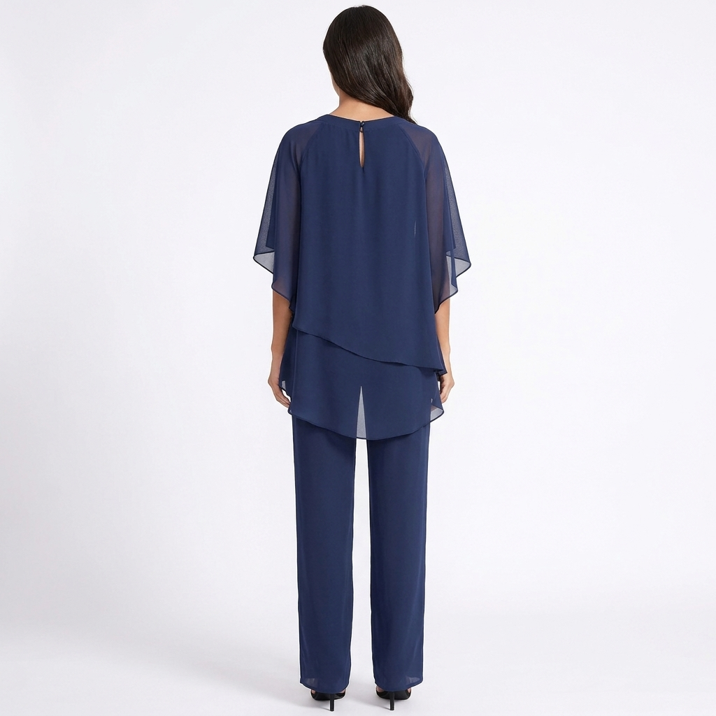 Women's Two Piece Trouser Set Chiffon Cape Top Wide Leg Evening