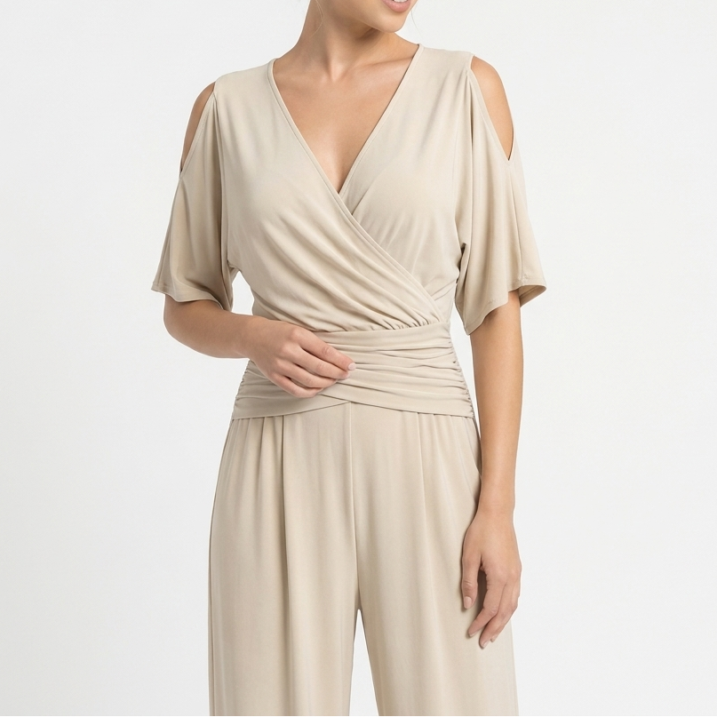 Women's V-Neck Wide-Leg Jumpsuit Ruched Waist Batwing Sleeve Elegant