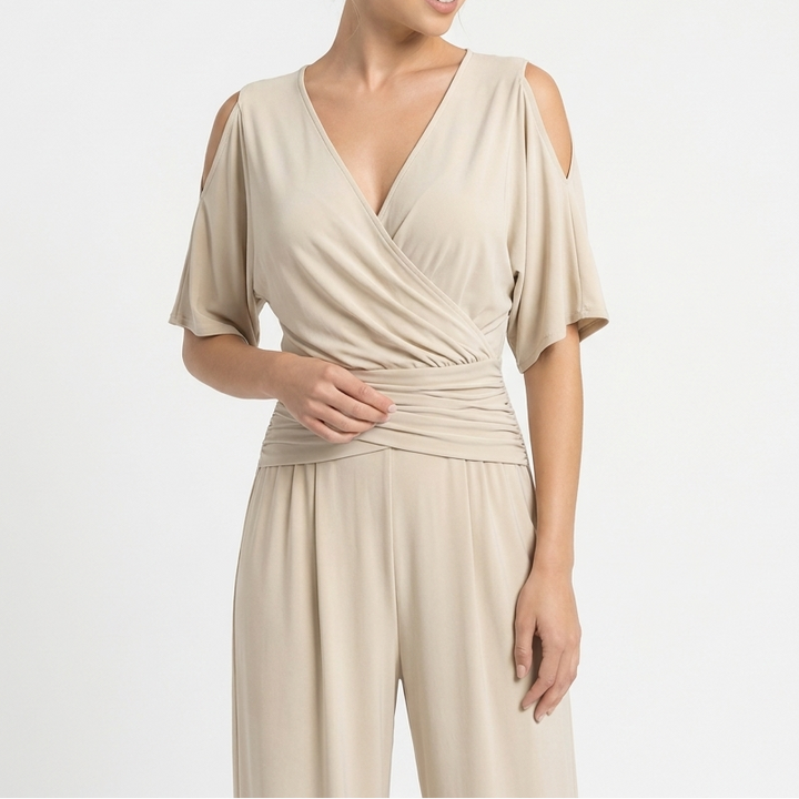 Women's V-Neck Wide-Leg Jumpsuit Ruched Waist Batwing Sleeve Elegant