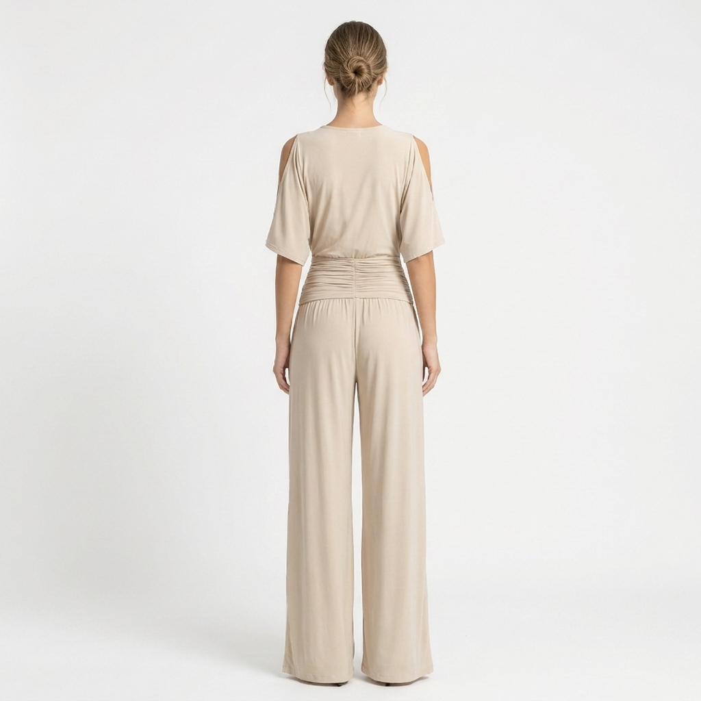 Women's V-Neck Wide-Leg Jumpsuit Ruched Waist Batwing Sleeve Elegant