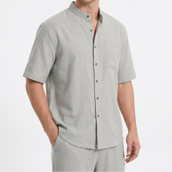 Men's Two-Piece Linen Set Band Collar Short Sleeve Shirt Wide-Leg