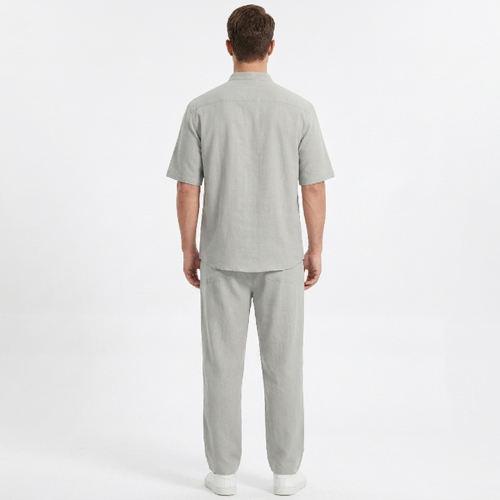Men's Two-Piece Linen Set Band Collar Short Sleeve Shirt Wide-Leg