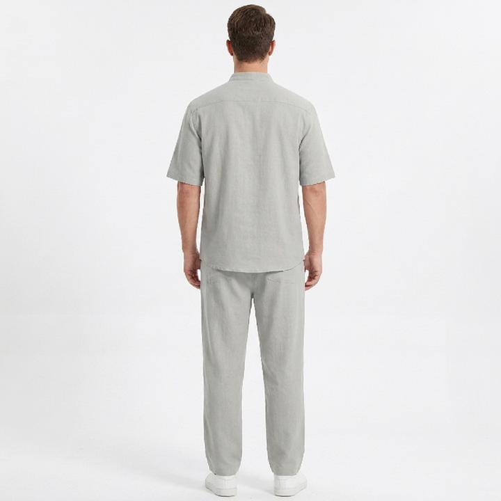 Men's Two-Piece Linen Set Band Collar Short Sleeve Shirt Wide-Leg