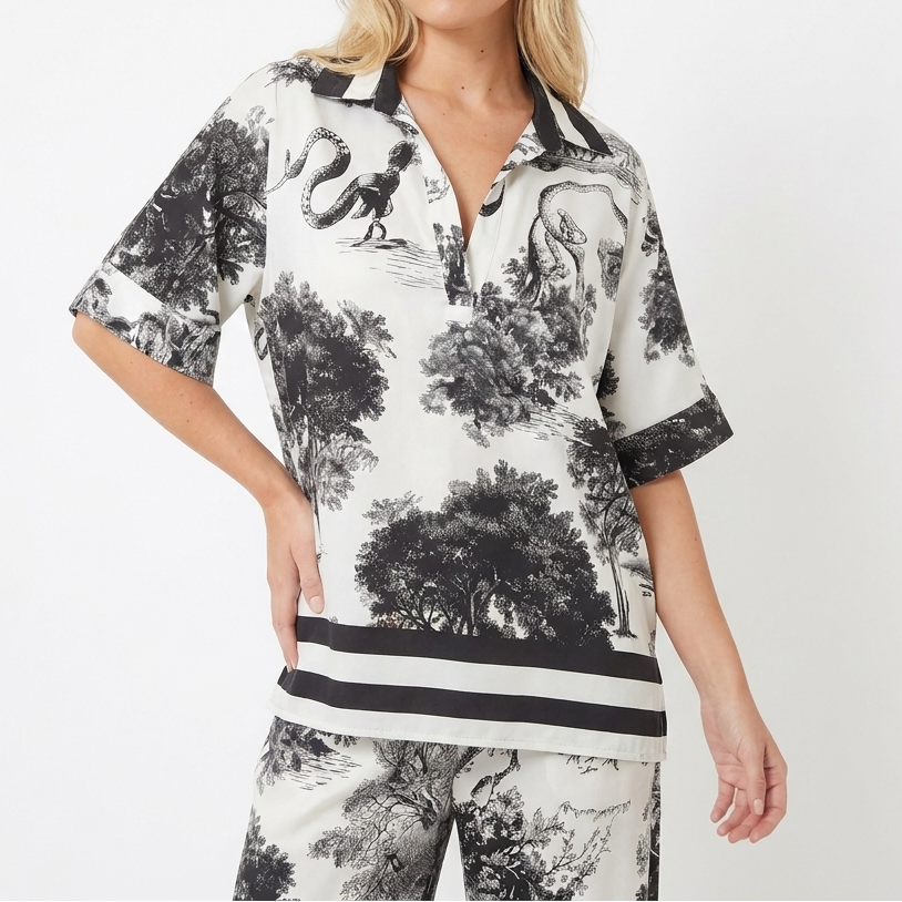 Women's Toile Print Two-Piece Set Oversized Top Wide-Leg Pants Casual