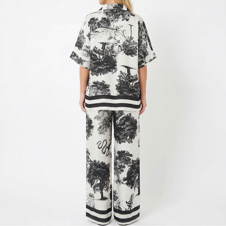 Women's Toile Print Two-Piece Set Oversized Top Wide-Leg Pants Casual