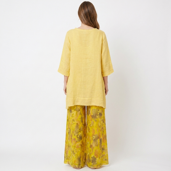 Women's Linen Tunic and Floral Wide Leg Pants Two Piece Set Summer