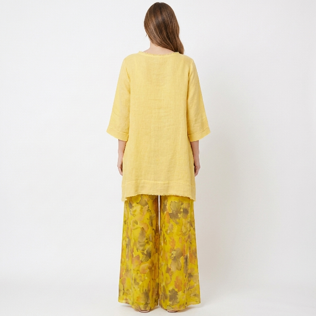 Women's Linen Two-Piece Set Oversized Top Floral Wide-Leg Pants Boho