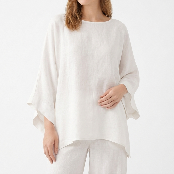 Women's Linen Two-Piece Set Oversized Poncho Top Wide-Leg Pants Casual