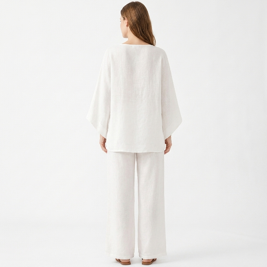 Women's Linen Two-Piece Set Oversized Poncho Top Wide-Leg Pants Casual