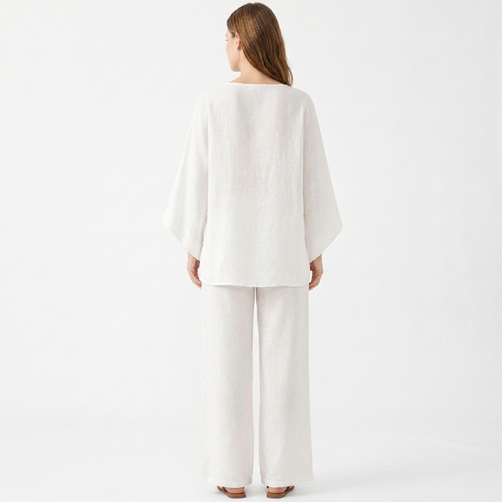 Women's Linen Two-Piece Set Oversized Poncho Top Wide-Leg Pants Casual