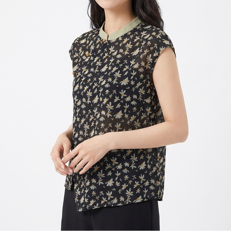Women's Floral Print Linen Sleeveless Blouse Mandarin Collar