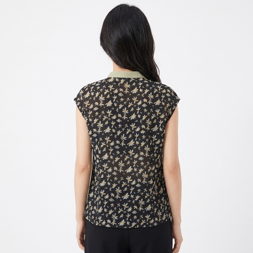 Women's Floral Print Linen Sleeveless Blouse Mandarin Collar