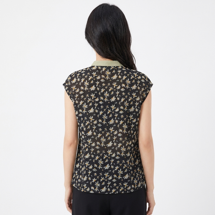 Women's Floral Print Linen Sleeveless Blouse Mandarin Collar