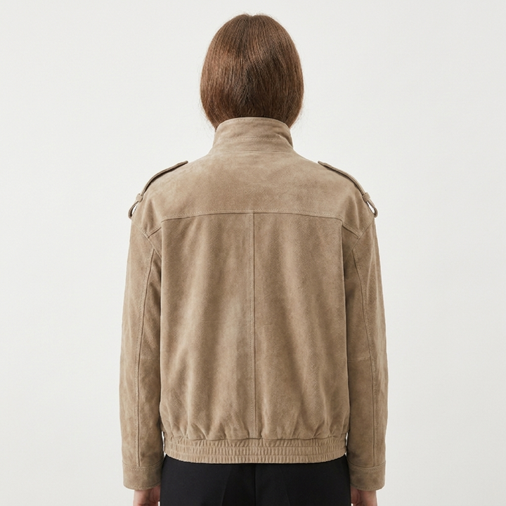 Women's Suede Leather Bomber Jacket Stand Collar Chest Pocket