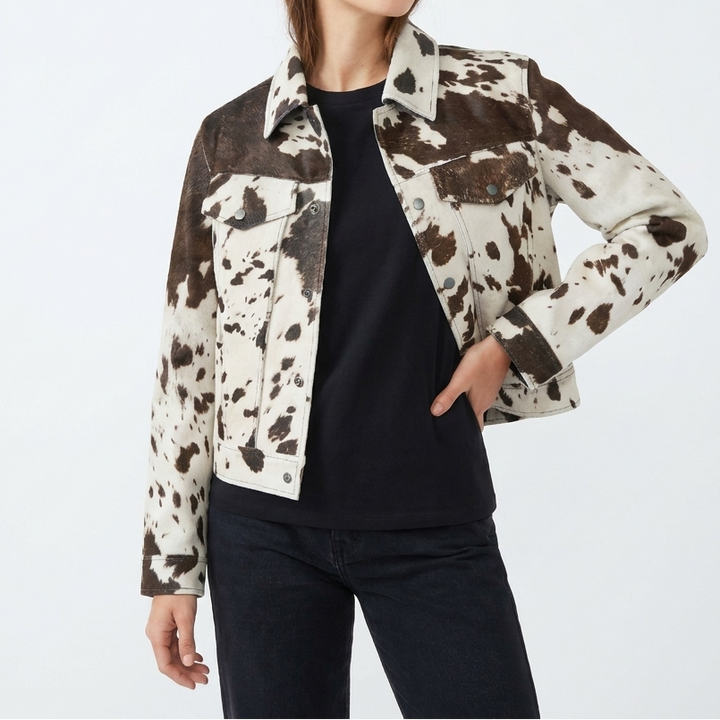 Women's Cow Print Hair On Leather Trucker Jacket Western Snap Button