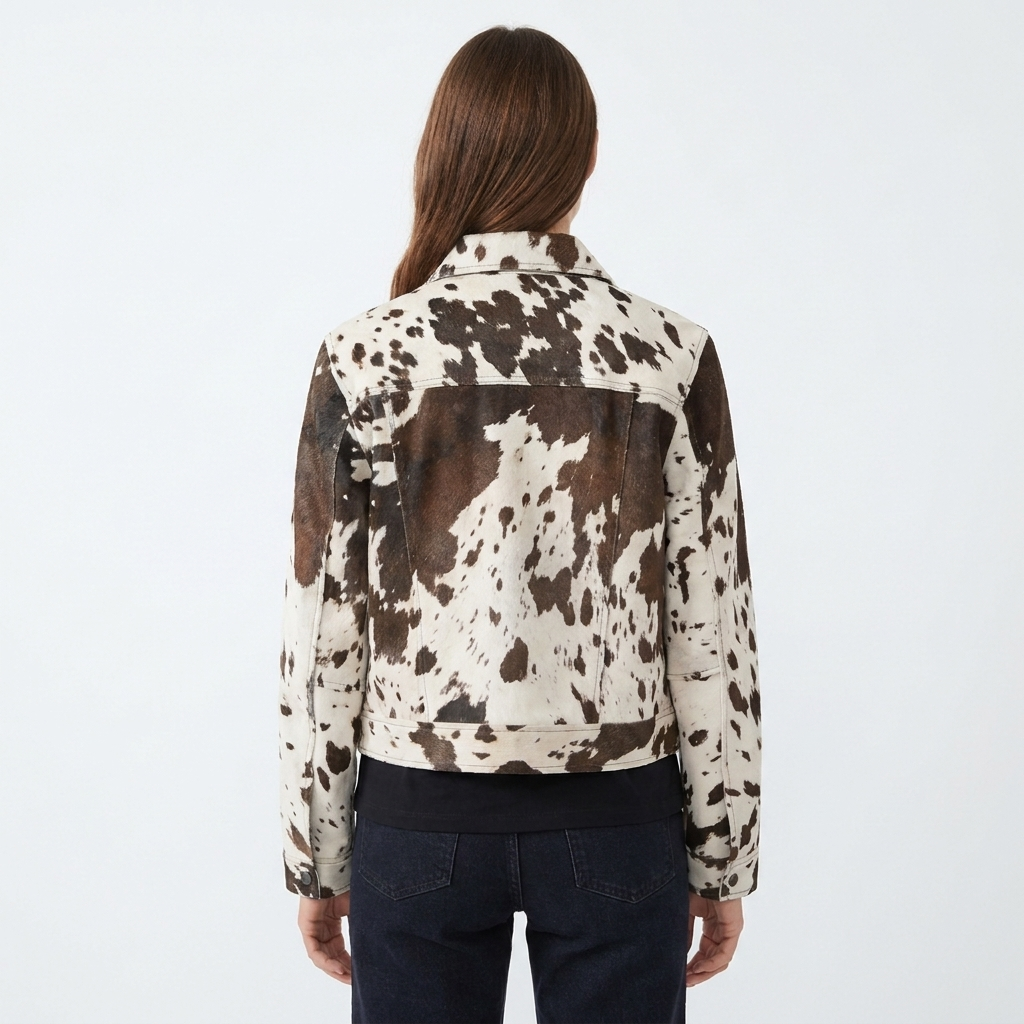 Women's Cow Print Hair On Leather Trucker Jacket Western Snap Button