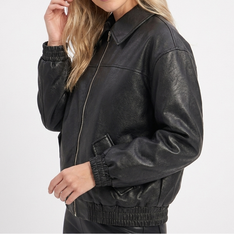 Women's Bomber Jacket – Faux Leather Point Collar Elasticated Hem Zip