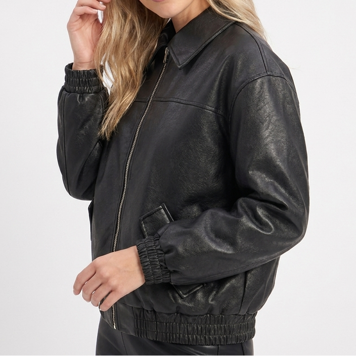 Women's Bomber Jacket – Faux Leather Point Collar Elasticated Hem Zip